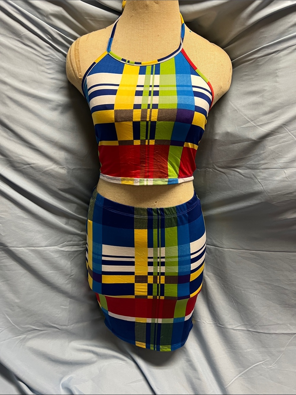 Colorblock Plaid Bodycon Skirt Set- Multicolor